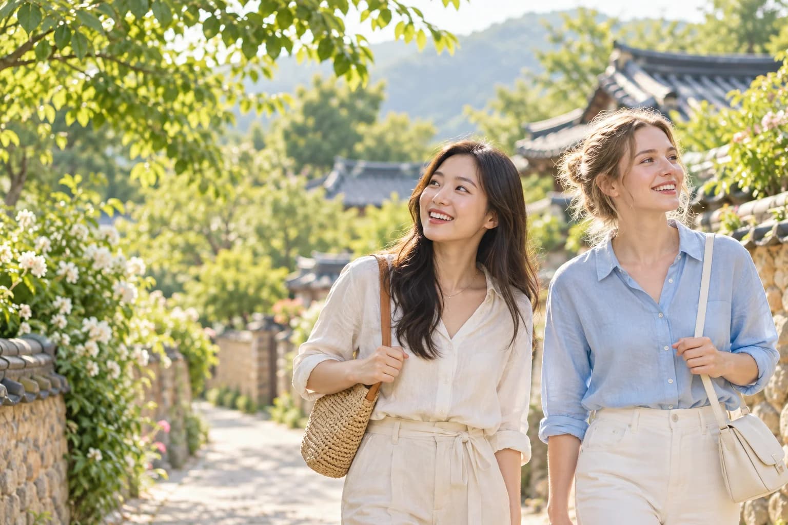 초록빛 마을길을 함께 여행하는 두 성인 여행자 — AI 생성 이미지
