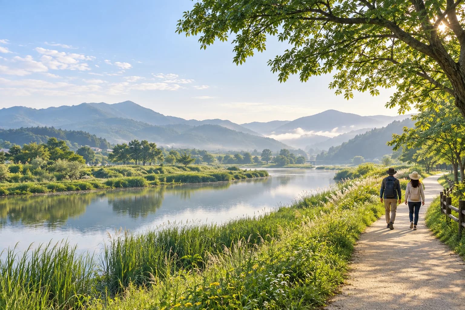 강변 산책길을 여유롭게 걷는 여행자들 — AI 생성 풍경