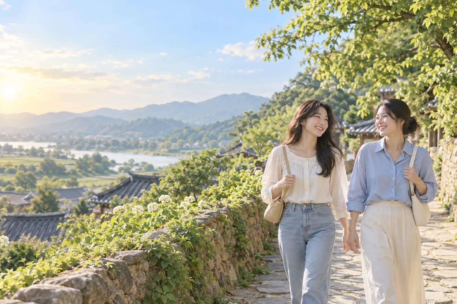초록빛 마을길을 함께 여행하는 두 성인 여행자 — AI 생성 이미지