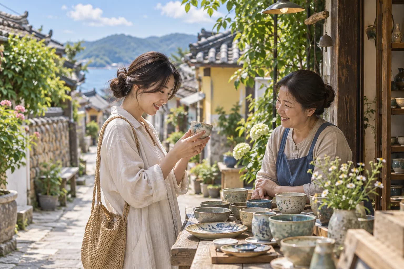 마을 공방에서 도자기를 살펴보는 여행자 — AI 생성 이미지